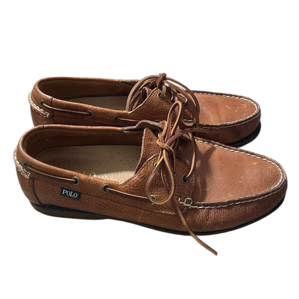 F1- Polo by Ralph Lauren Men's Tan Leather Boat Shoes 10.5D style - Bienne